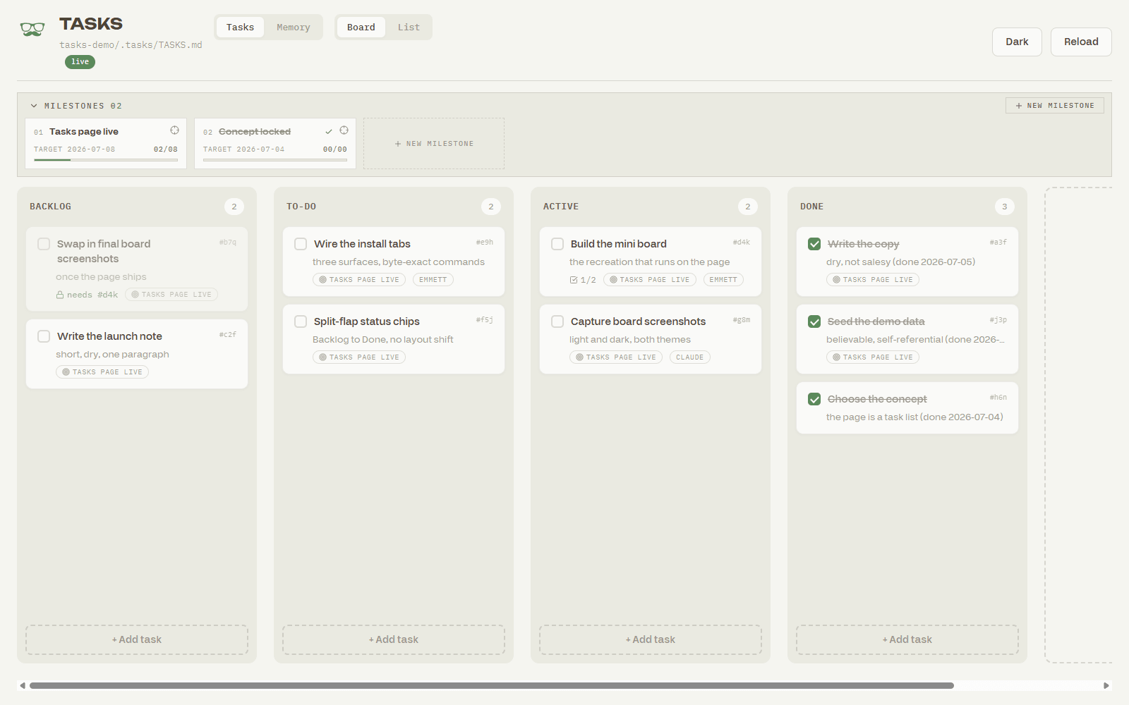 The shaughv-tasks dashboard: a cream and sage kanban board with a milestone rail, four columns from Backlog to Done, owner chips, and a live-sync indicator.