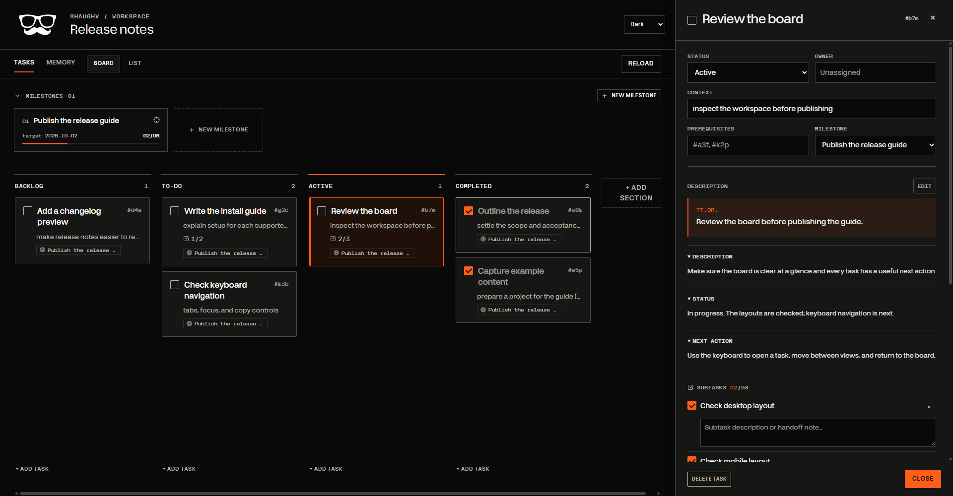 The shaughv-tasks workspace in dark appearance, with the Release notes example board and a docked task detail panel showing its plan and verification.